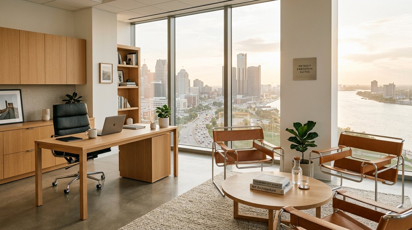 Executive consulting boardroom overlooking Metro Detroit skyline